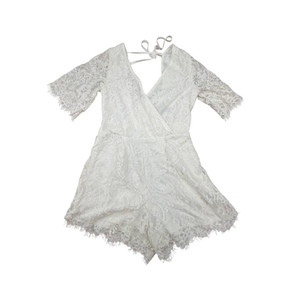 Ash & Violet White Floral Lace Romper V-Neck Eyelash Trim XS